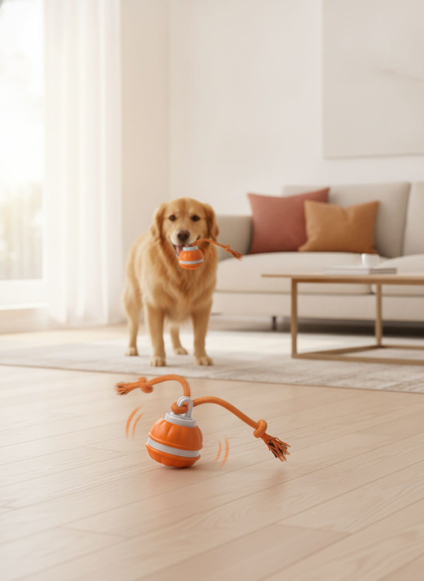 A golden retriever playfully interacts with a smart rolling ball toy on a light wood floor in a modern living room.