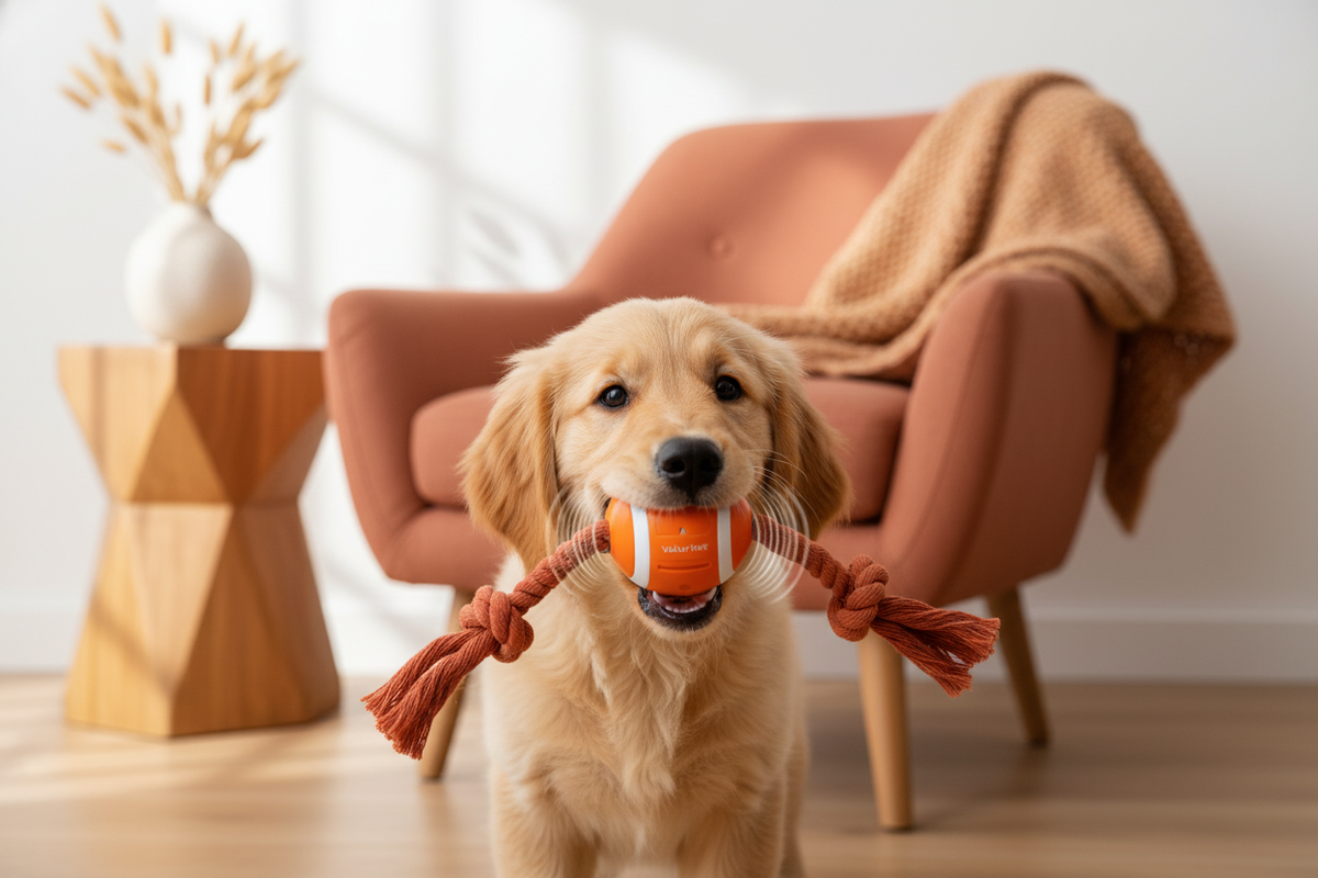 A golden retriever puppy with a Valvet Paws Smart Rolling Ball Toy in a living room with terracotta and amber accents.